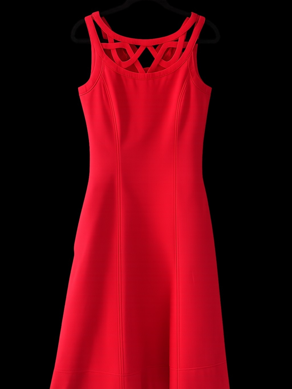 White House Black Market Red Midi Dress with Lattice Neckline & Side Pockets